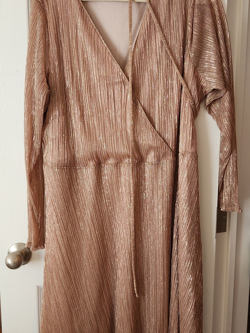 Maurices 3X Metallic Rose Gold Long Sleeve V-Neck Wrap Dress